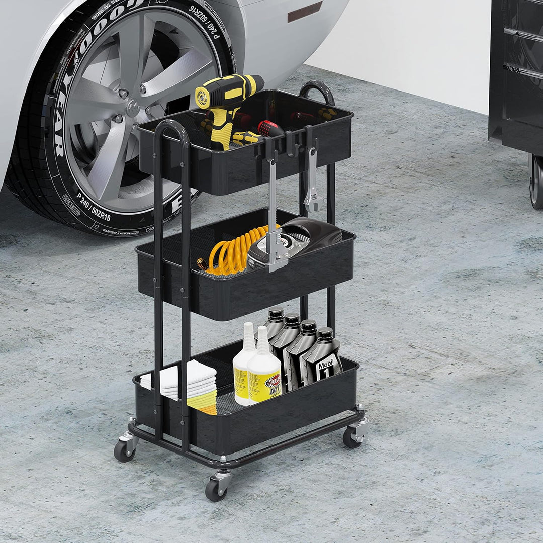 Simple Houseware Hochleistungs-Rollwagen mit 3 Ebenen aus Metall, Schwarz, Schwarz