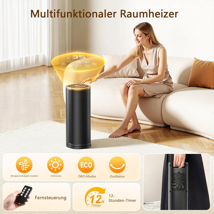 1800W Heizlüfter Energiesparend mit Fernbedienung,41 CM PTC Keramik Heizlüfter Leise,70°Oszillierend