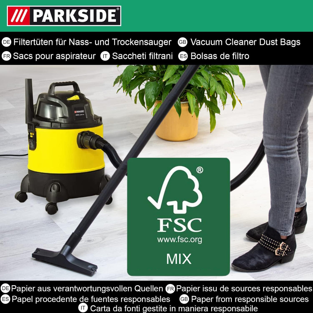 5 Original Parkside Lidl Staubsaugerbeutel für Nass-Trocken-Sauger PNTS 1250, 1250/9, PNTS 1300 A1,