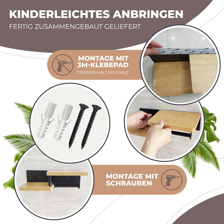 Toilettenpapierhalter Holz Bambus komplett schwarz [KLEBEN oder Bohren] | hochwertiger Klopapierhalt