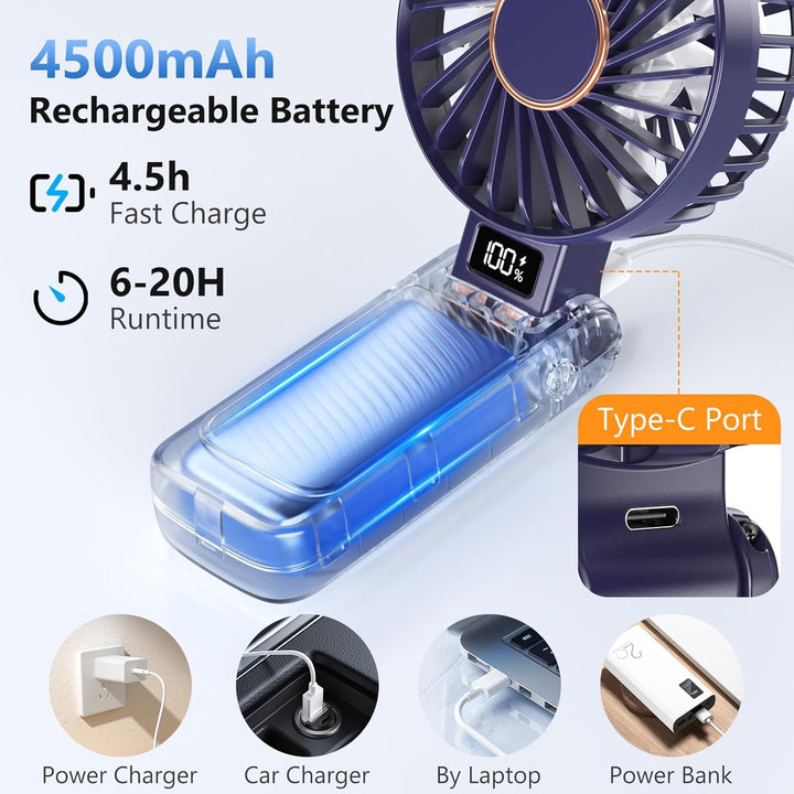 Handventilator, Tragbarer Mini-Ventilator mit 4500mAh Akku Aufladbar, 5 Stufen und Lange 20Std, LED-
