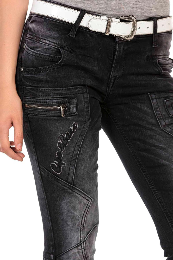 Cipo & Baxx Damen Slim Fit Jeanshose Ausgefallen Freizeit Hose Reissverschluss WD437 Schwarz W27 L34