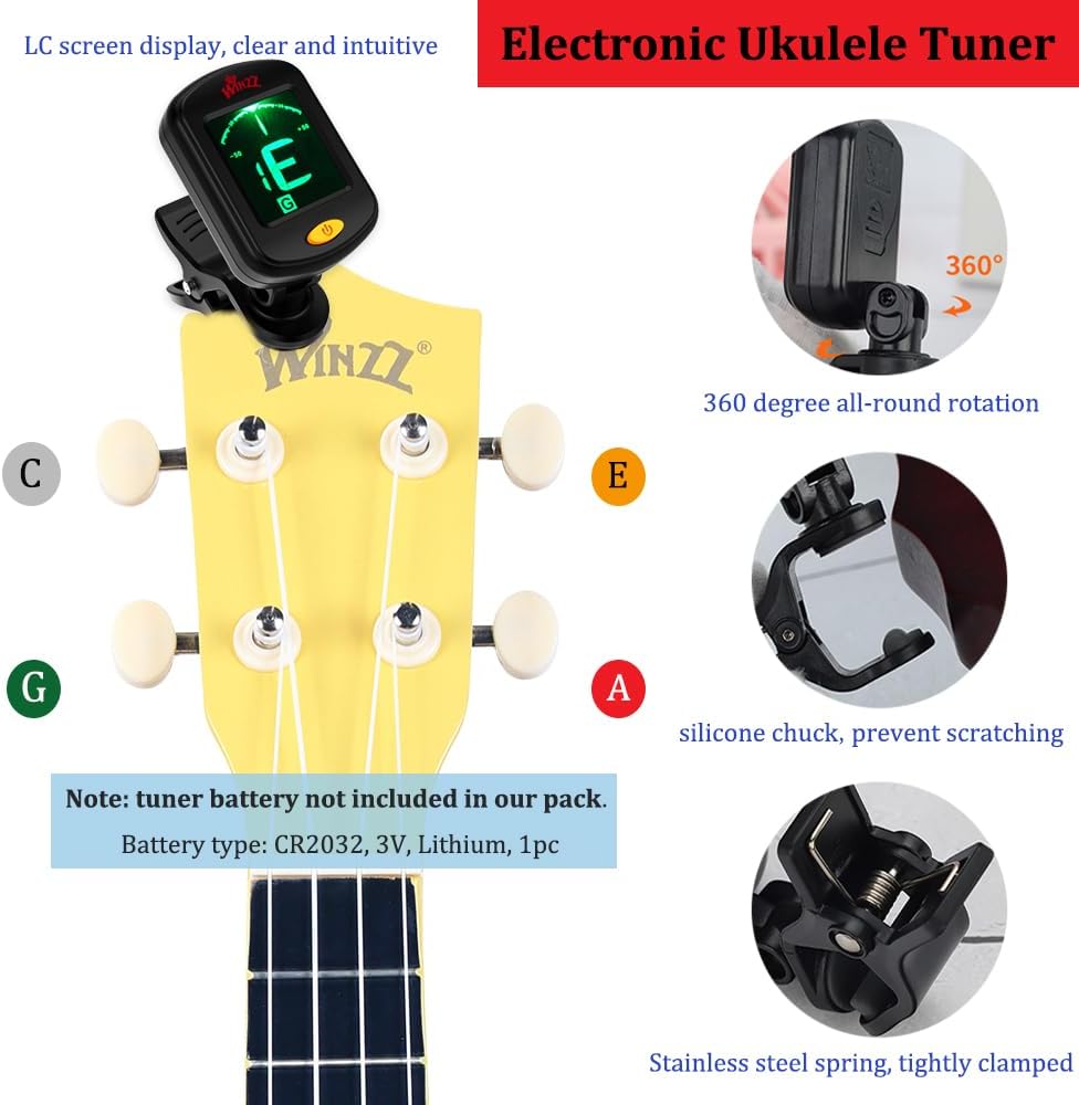 Winzz Sopran Ukulele Starter Kit für Anfänger mit Tasche, Clip-On Tuner, Zusätzlichen Saiten, Gurt,