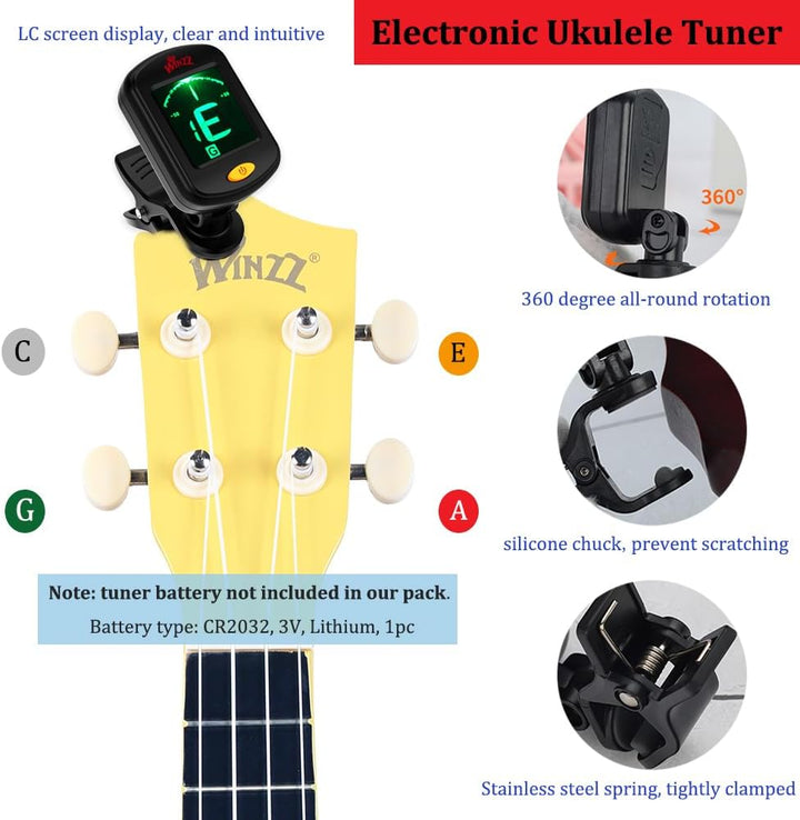 Winzz Sopran Ukulele Starter Kit für Anfänger mit Tasche, Clip-On Tuner, Zusätzlichen Saiten, Gurt,