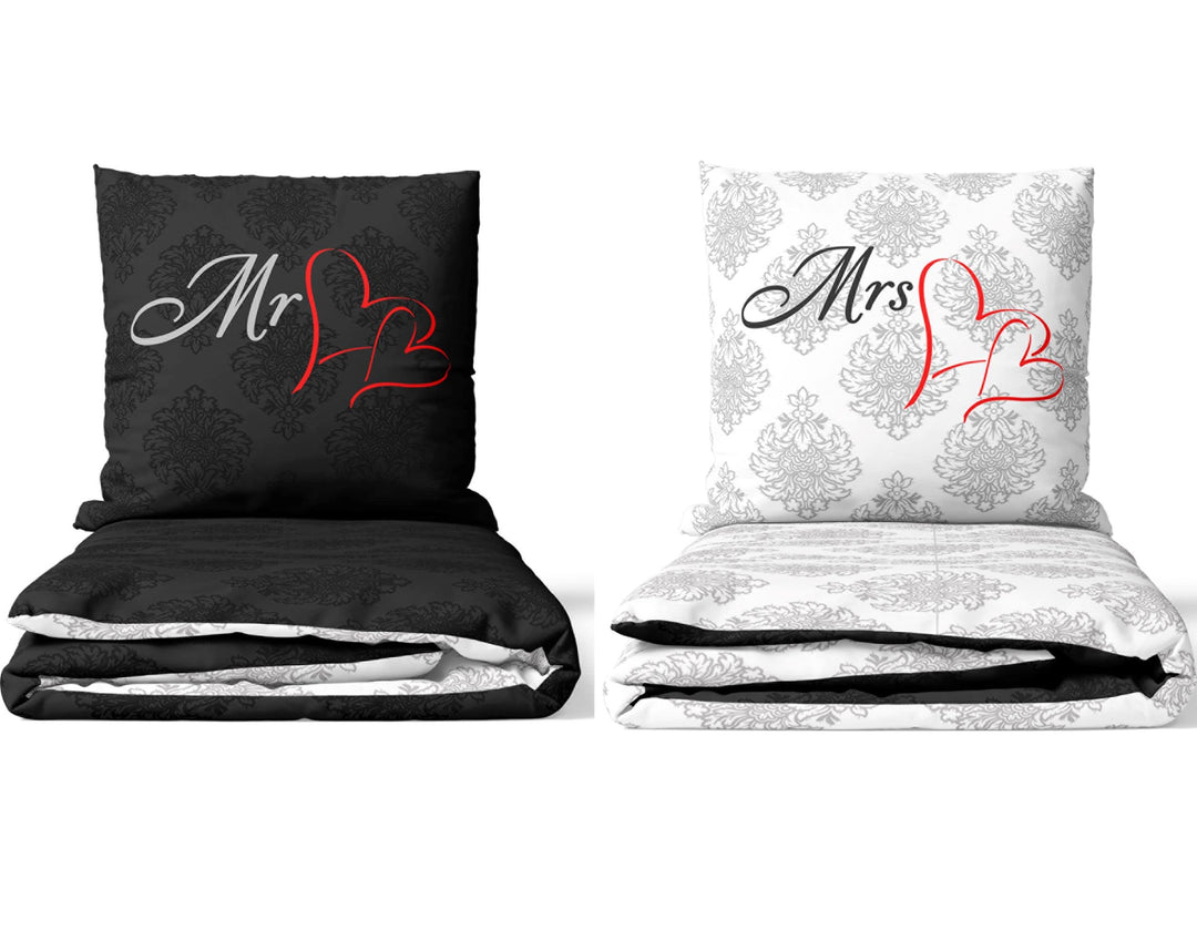 Leonado Vicenti 4tlg. Bettwäsche Mr und Mrs 135x200 Partnerbettwäsche-Set Herz Rot Bezug Kissen mit