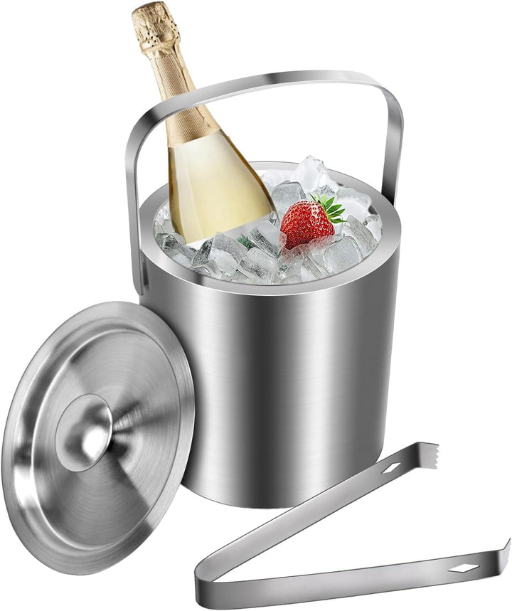 1.3L Eiswürfelbehälter mit Deckel und Zange Doppelwandig Eiswürfelkühler Edelstahl Eiseimer Sektkühl