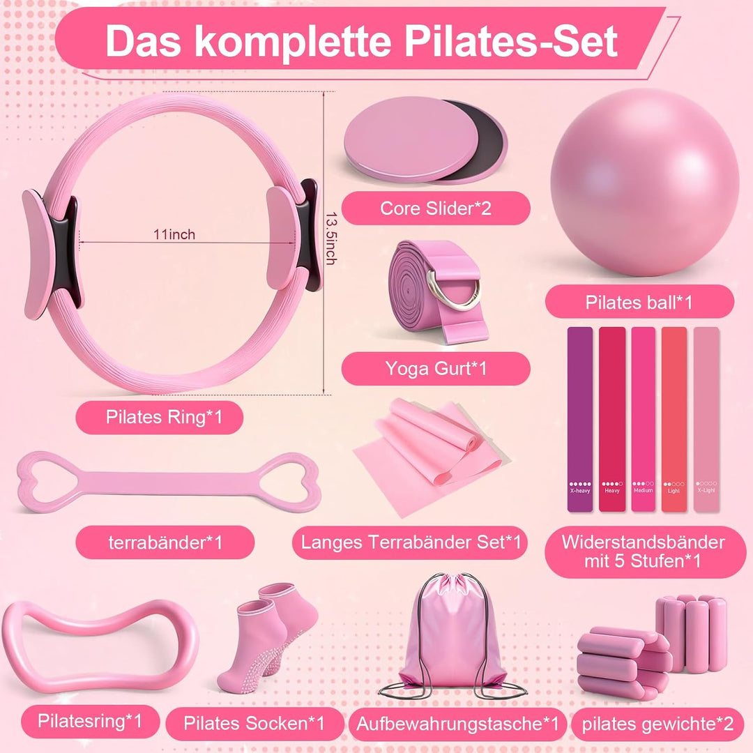 Pilates Set, 14PCS Rosa Pilates Set für Zuhause Mit Pilate Ring, Ball, Socken, Verstellbaren Handgel