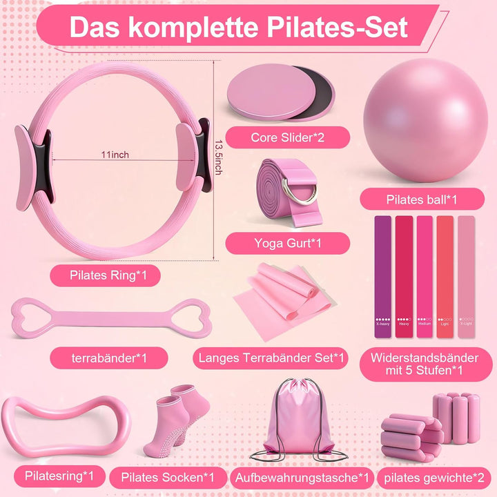Pilates Set, 14PCS Rosa Pilates Set für Zuhause Mit Pilate Ring, Ball, Socken, Verstellbaren Handgel