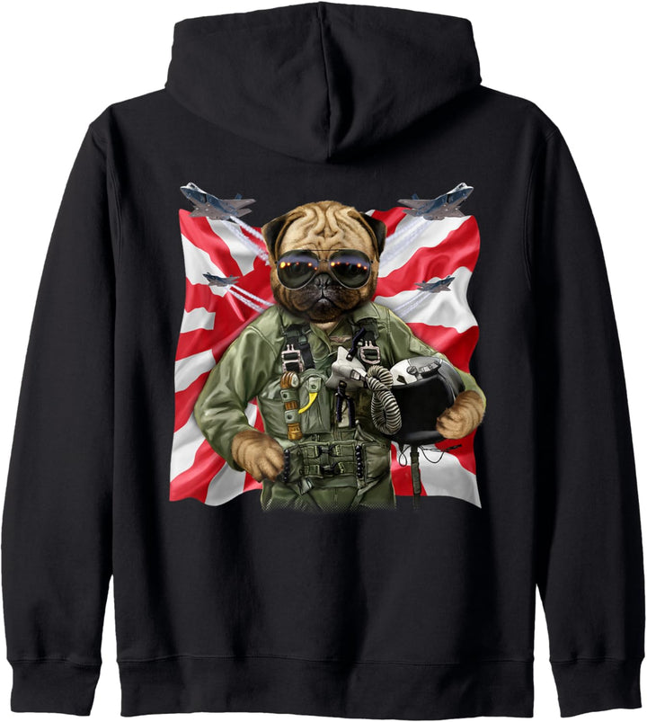 Mops als Kampfpilot mit japanischer Flagge Kapuzenjacke