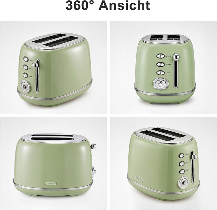 Retro Toaster 2 Scheiben Edelstahl – Brötchenaufsatz, 6 Röststufen, Vorheiz- und Auftaufunktion, Abs