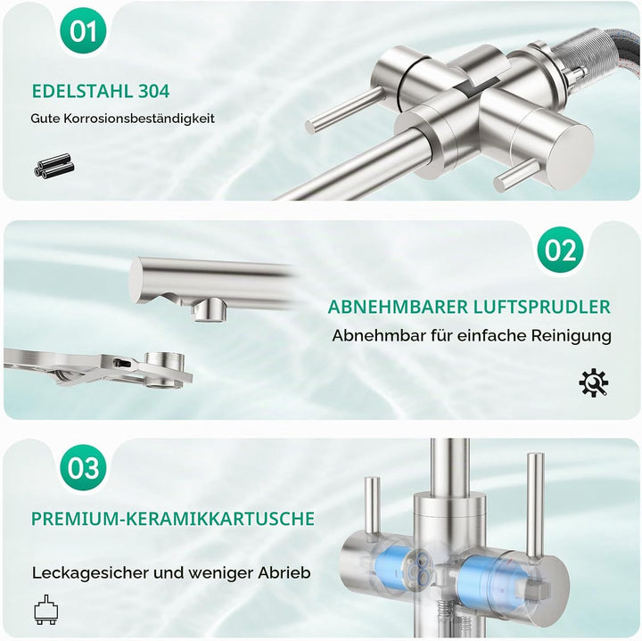 CREA 3 Wege Wasserhahn Küche Edelstahl, 360° Drehbar Küchenarmatur, 3 in 1 Mischbatterie Küche für W