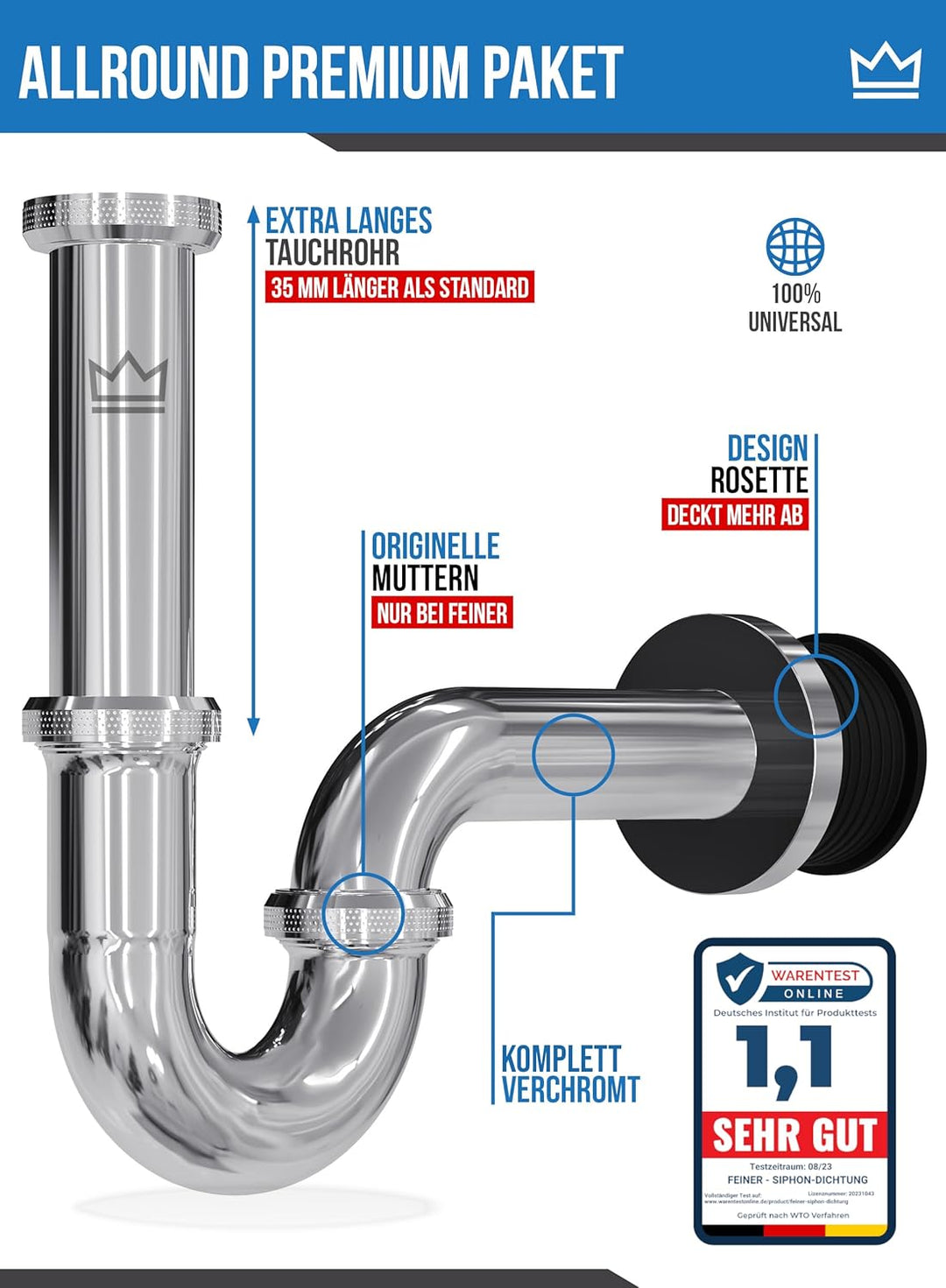 FEINER® Universal Siphon Waschbecken aus Chrom 1 1/4" Komplettset alles dabei, Tauchrohr 2-12 cm Höh