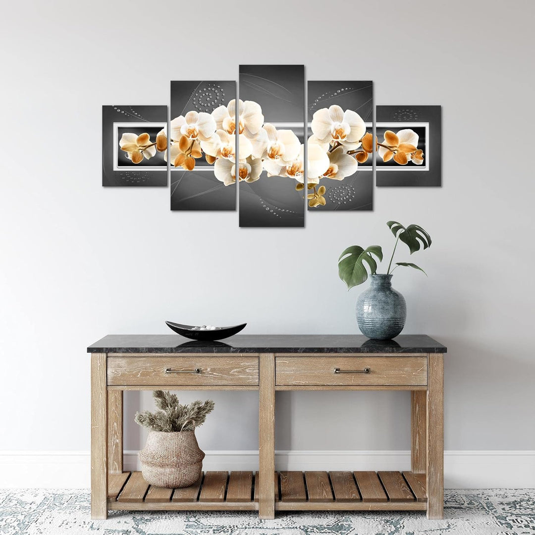 Runa Art Wandbilder Blumen Orchidee 5 Teilig Bild auf Vlies Leinwand Deko Wohnzimmer Abstrakt Grau B