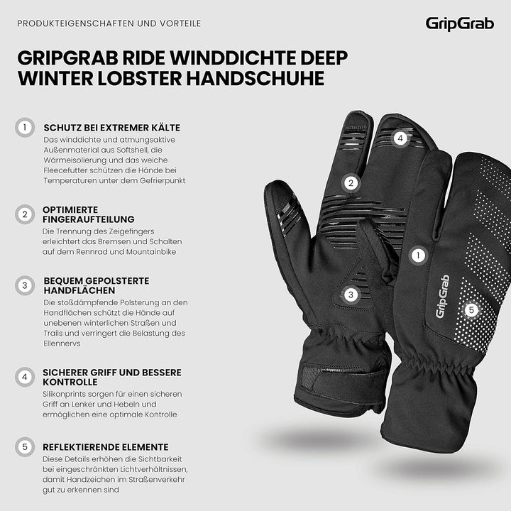 GripGrab Ride Winddichte Deep Winter 3-Finger Lobster Fahrradhandschuhe Warme Gel Gepolsterte Fahrra