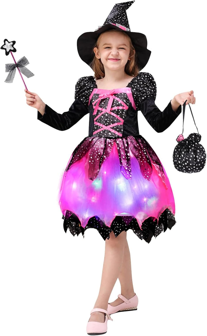 FORMIZON Mädchen Hexen Kostüm, LED Hexenkleid Kinder, Hexenkostüm mit Lichter, Kinder Zauberer verkl