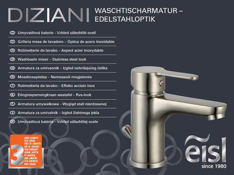 EISL NI075DINNI DIZIANI Wasserhahn fürs Bad in Edelstahl Optik, Einhebelmischer Farbe Nickel mit Abl