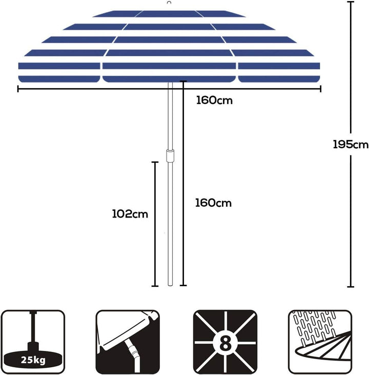 Sekey 160 cm Sonnenschirm Strand mit Schutzhülle für Balkon Garten & Terrasse Neigungswinkel und Höh