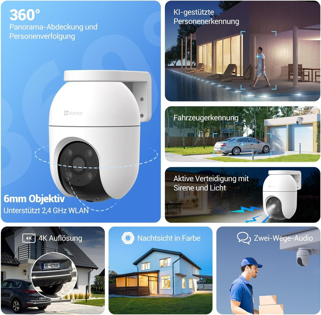 EZVIZ 4K Kamera Überwachung aussen, WLAN Pan&Tilt Camera mit Personen-/Fahrzeugerkennung, Zwei-Wege-