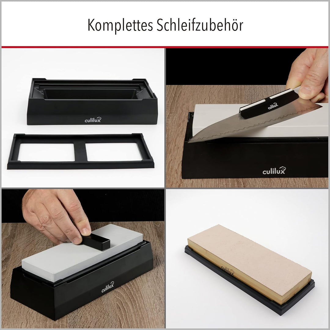 CULILUX Pro Schleifstein Profi Set XL Wetzsteine Körnung 400 1000 6000 auf Glas doppelseitige Leder-
