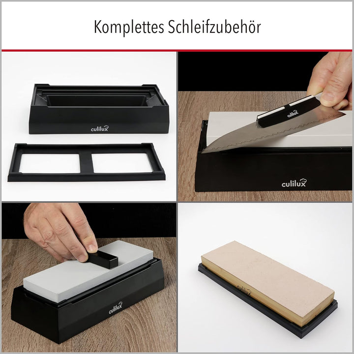 CULILUX Pro Schleifstein Profi Set XL Wetzsteine Körnung 400 1000 6000 auf Glas doppelseitige Leder-