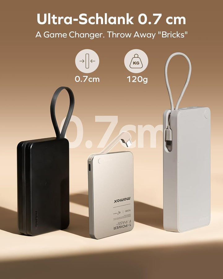 MOMAX Ultra-schlanke Powerbank 5000mAh mit Integriertem USB-C-Kabel, PD 20W Schnellladeakku für iPho