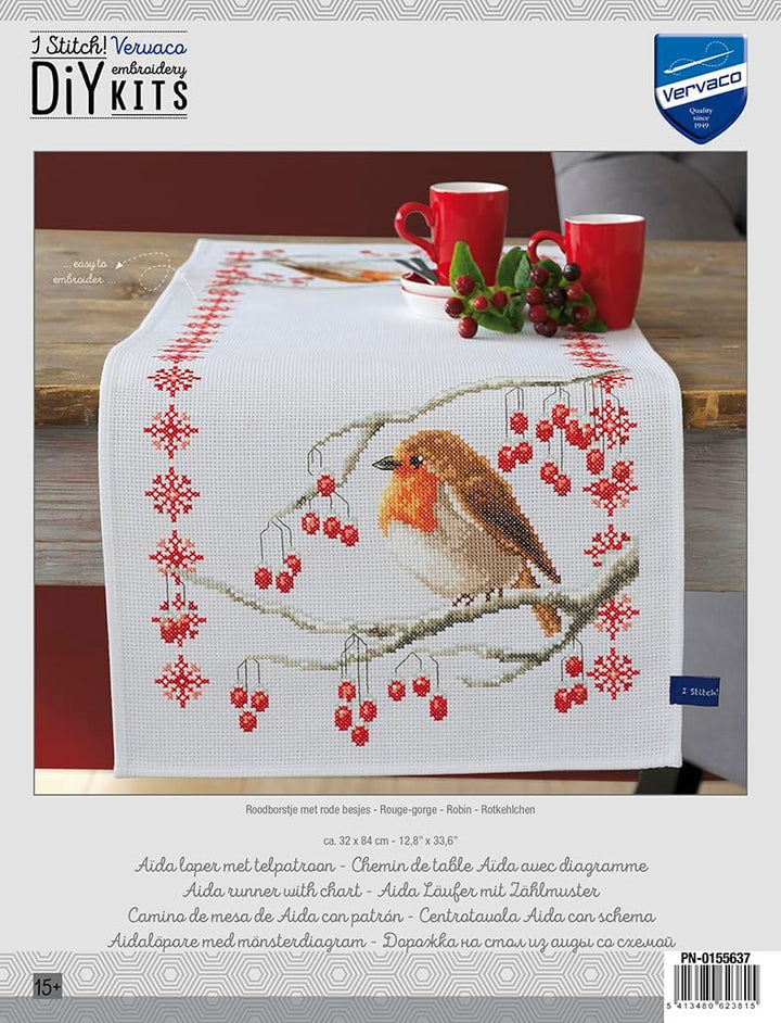 Vervaco Aida Läufer Rotkehlchen Kreuzstichpackung, Weiss, 32 x 84 x 0,3 cm