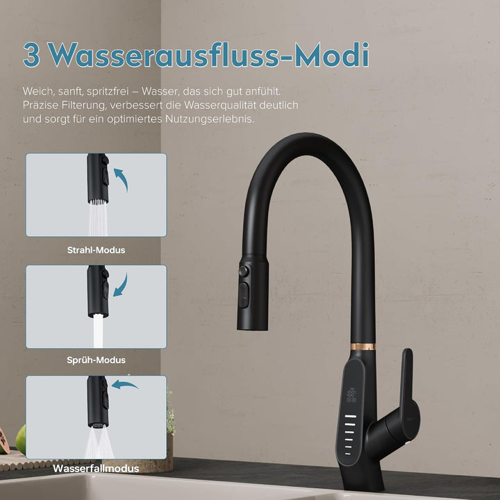 doporro Wasserhahn Küche Schwarz, Küchenarmatur mit LED Temperaturanzeige | Hochdruck ausziehbare Mi
