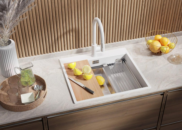 PRIMAGRAN Spülbecken Weiss 58x53cm, Granitspüle 1 Becken + Ablauf-Set, Küchenspüle ab 60er Unterschr