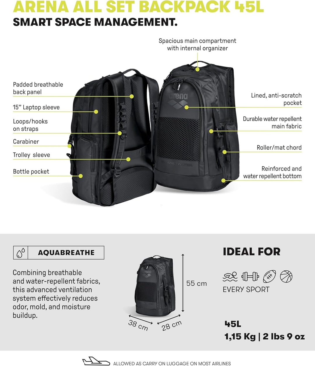 ARENA LL Set Backpack 45L COLOR 100-BLACK, ONE SIZE 100 - BLACK ONE SIZE