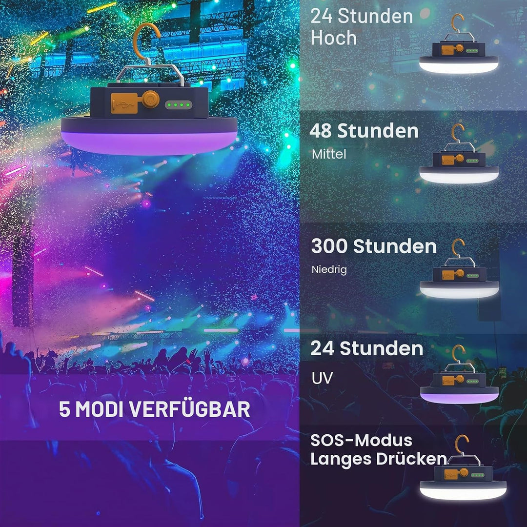 UV Campinglampe LED mit 9900mAh Aufladbar Zeltlampe, Campingleuchte mit Haken Notfallleuchte für Geo