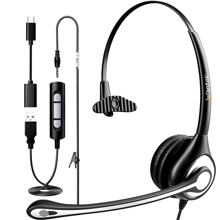 Wantek USB Headset mit mikrofon, USB/3,5-mm PC Kopfhörer mit Lautstärkeregler, Stummschalttaste, Com