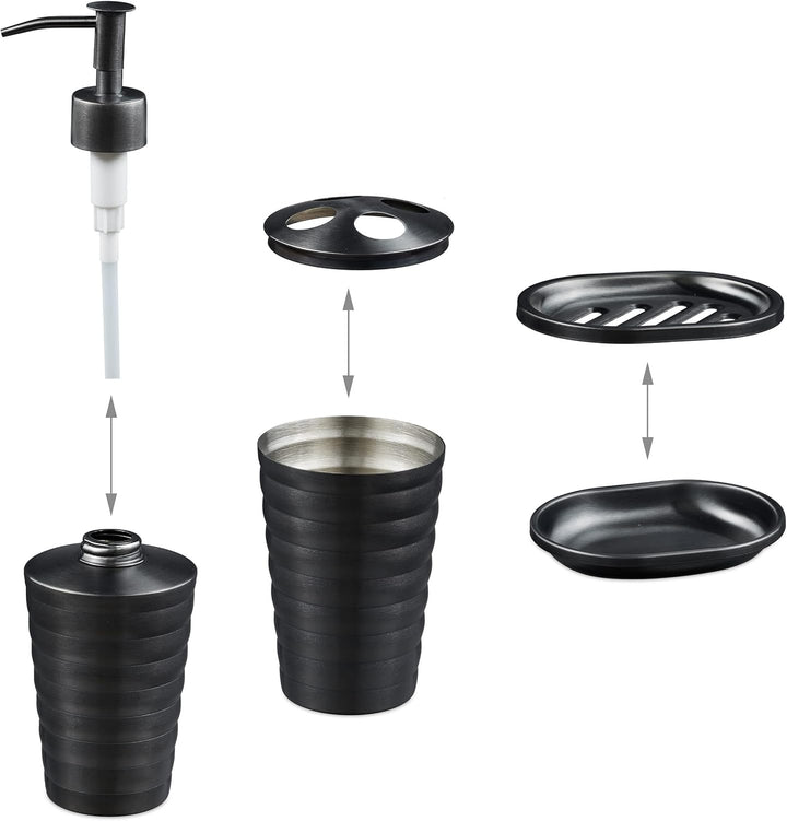 Relaxdays Badezimmer Set, 4-teilig, Seifenspender, Seifenschale, Zahnputzbecher, Zahnbürstenhalter,