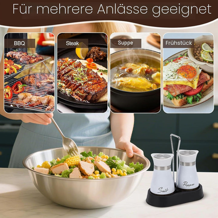 Salz und Pfefferstreuer Set, Salz und Pfefferstreuer Set mit Halter, 2 Stück Edelstahl und Glasflasc