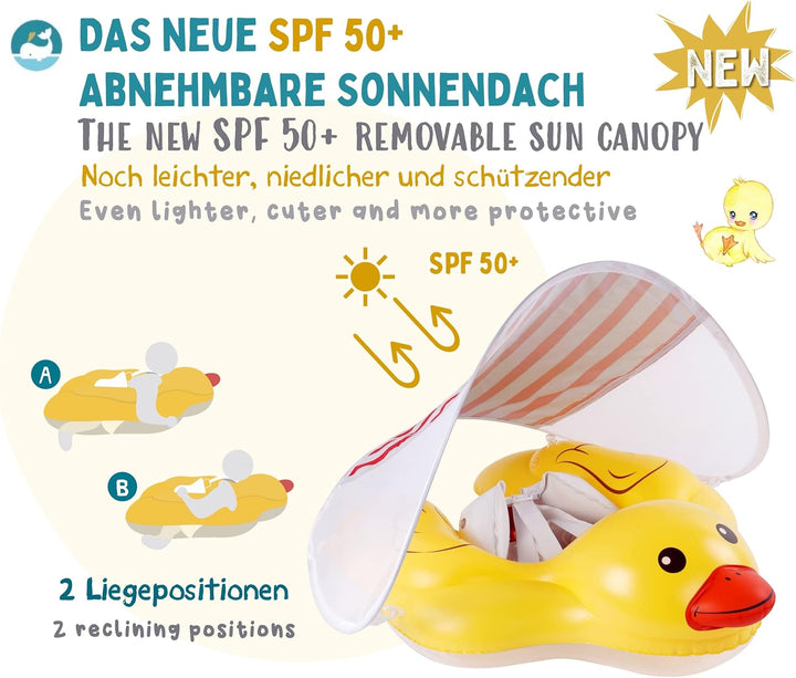 EDWEKIN® Premium Baby Schwimmring mit Sonnendach | Süsser Enten-Schwimmreifen mit UV-Schutz 50+| Sch