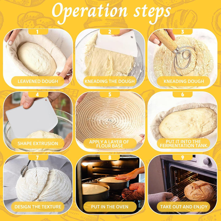 dellyy Brotbackset mit Gärkorb, 10 Teileset Brot Backen Starterset, Naturrattan-Geflecht, Inklusive