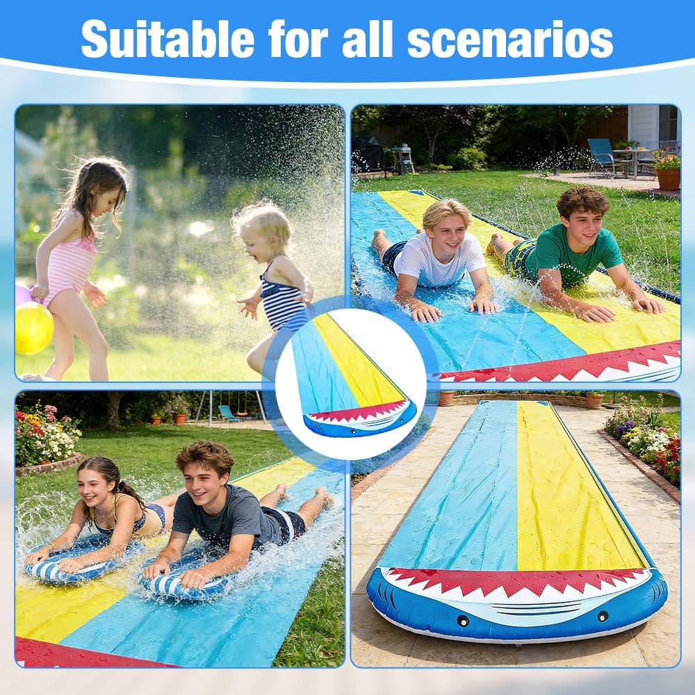 Mineup Wasserrutsche Garten, 480 x 140cm Wasserrutschmatte mit 2 Bodyboards, Doppelrutsche mit Einge