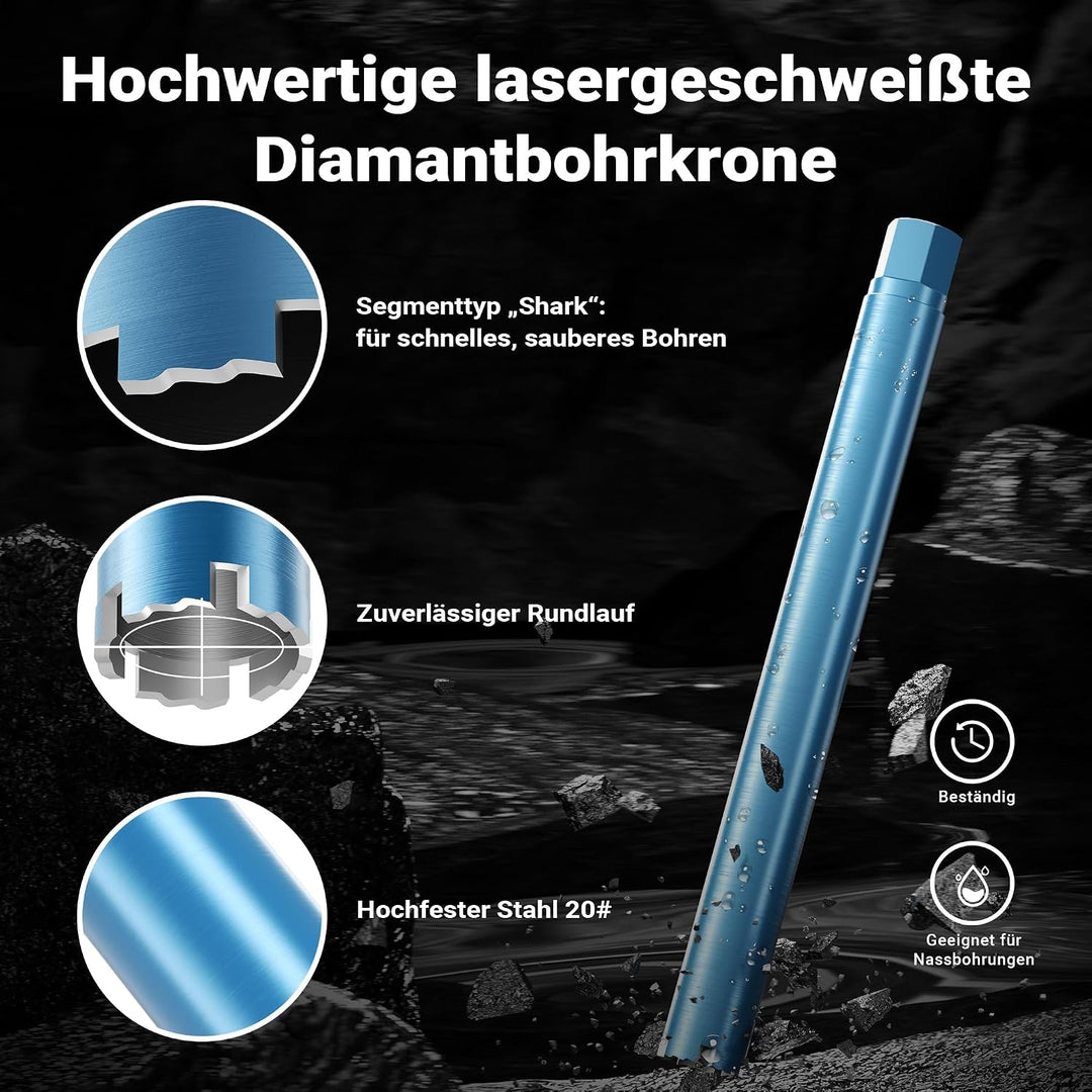 Wiltec Diamantbohrkrone Typ 1 (Shark) Ø 52 mm, Bohrkrone 450 mm, 1¼ UNC Nassbohrkrone, Diamantbohrer