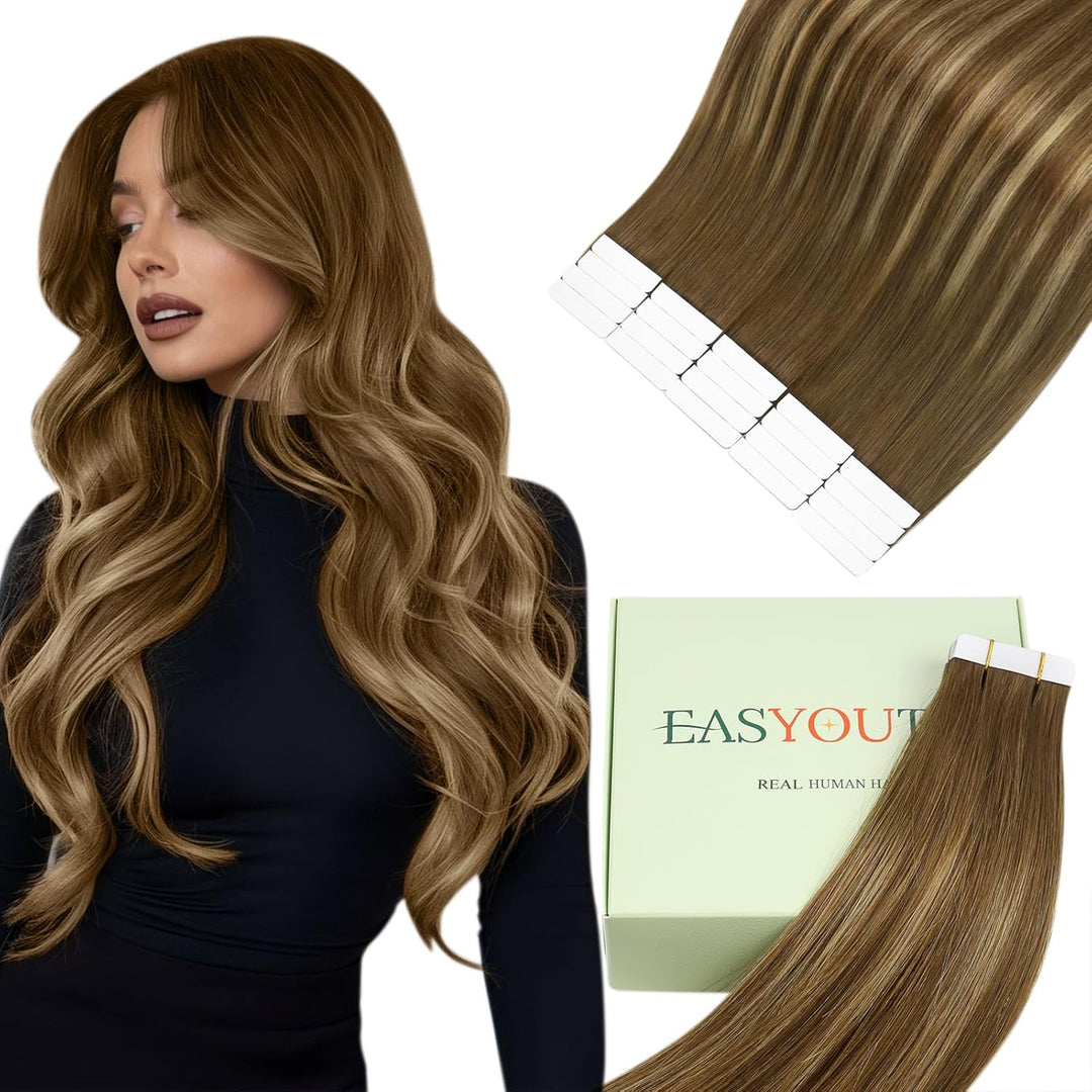Easyouth Tape on Extensions Echthaar Glue in Haar Extensions Echthaar Farbe Mittelbraun Mix Honigblo