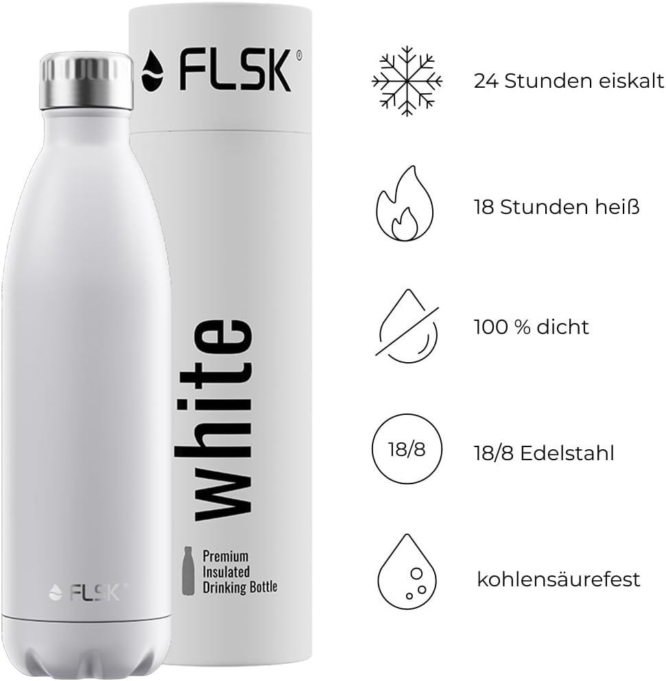 FLSK Trinkflasche – Premium Edelstahl Thermosflasche – 100% auslaufsicher & kohlensäuregeeignet – hä
