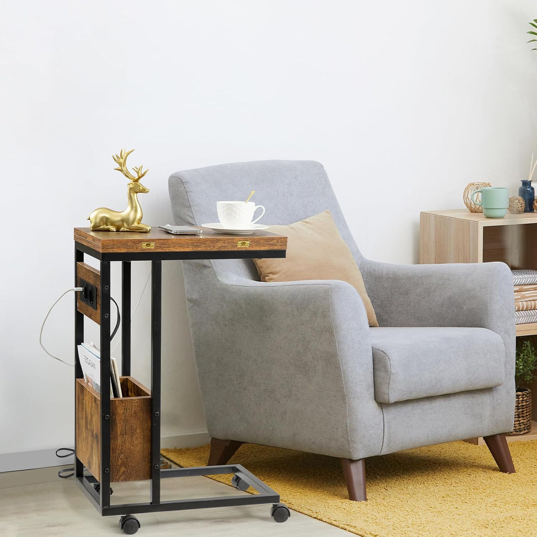 Hadulcet Beistelltisch Couch, Beistelltisch c Form, klappbare Tischplatte, Laptoptisch mit Rollen, L