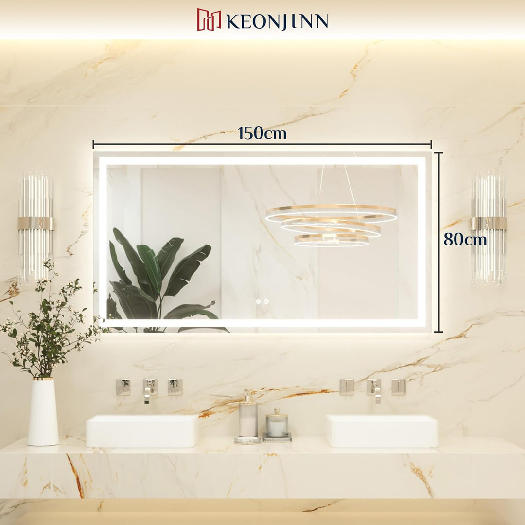 Keonjinn Badspiegel mit Beleuchtung 150x80cm, Beleuchtet Badezimmerspiegel Beschlagfrei Led Bad Spie