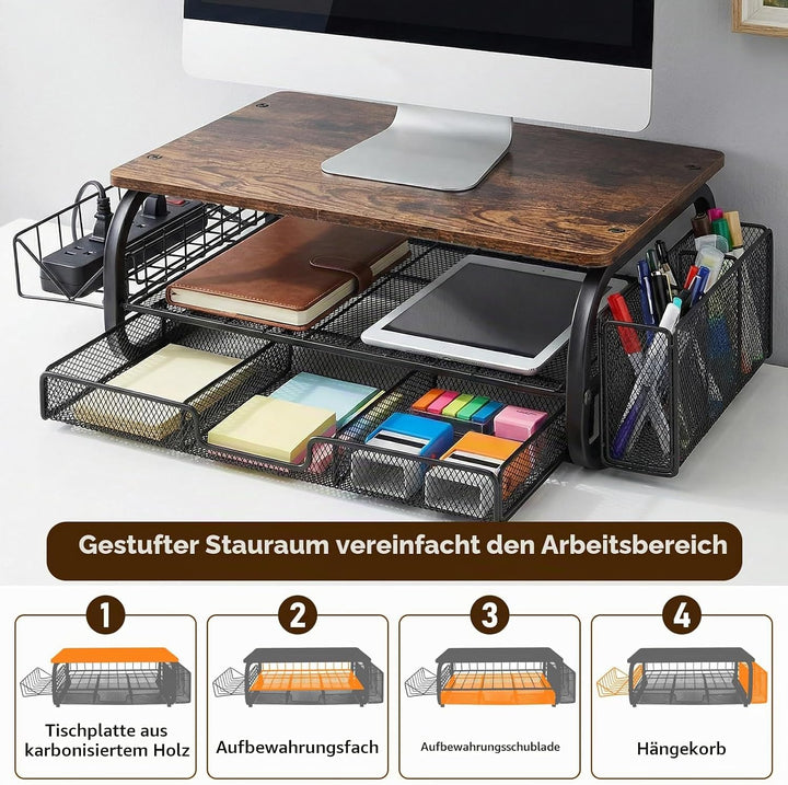 Monitorständer Holz, Monitorständer mit Schublade, Bildschirmerhöhung, Monitorständers mit 2 Ebenen,