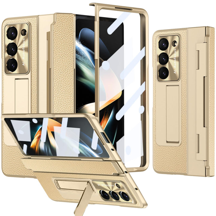 NINKI kompatible mit Samsung Galaxy Z Fold 5 Handyhülle mit Scharnierschutz Stossfeste PC und Leder