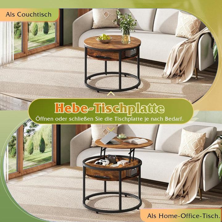 WLIVE Couchtisch Rund mit Hebeplatte, Wohnzimmertisch Höhenverstellbar mit Stauraum, 60 x 60 x 50 cm