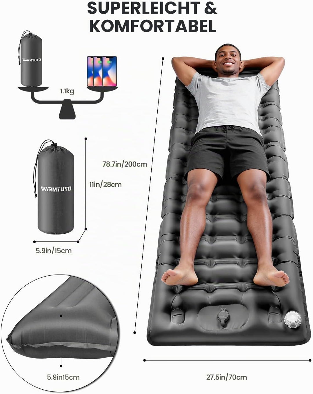WARMTUYO Isomatte, Luftmatratze Camping mit Elektrisch Pumpe, 12CM Dicke Matratze Outdoor Aufblasbar