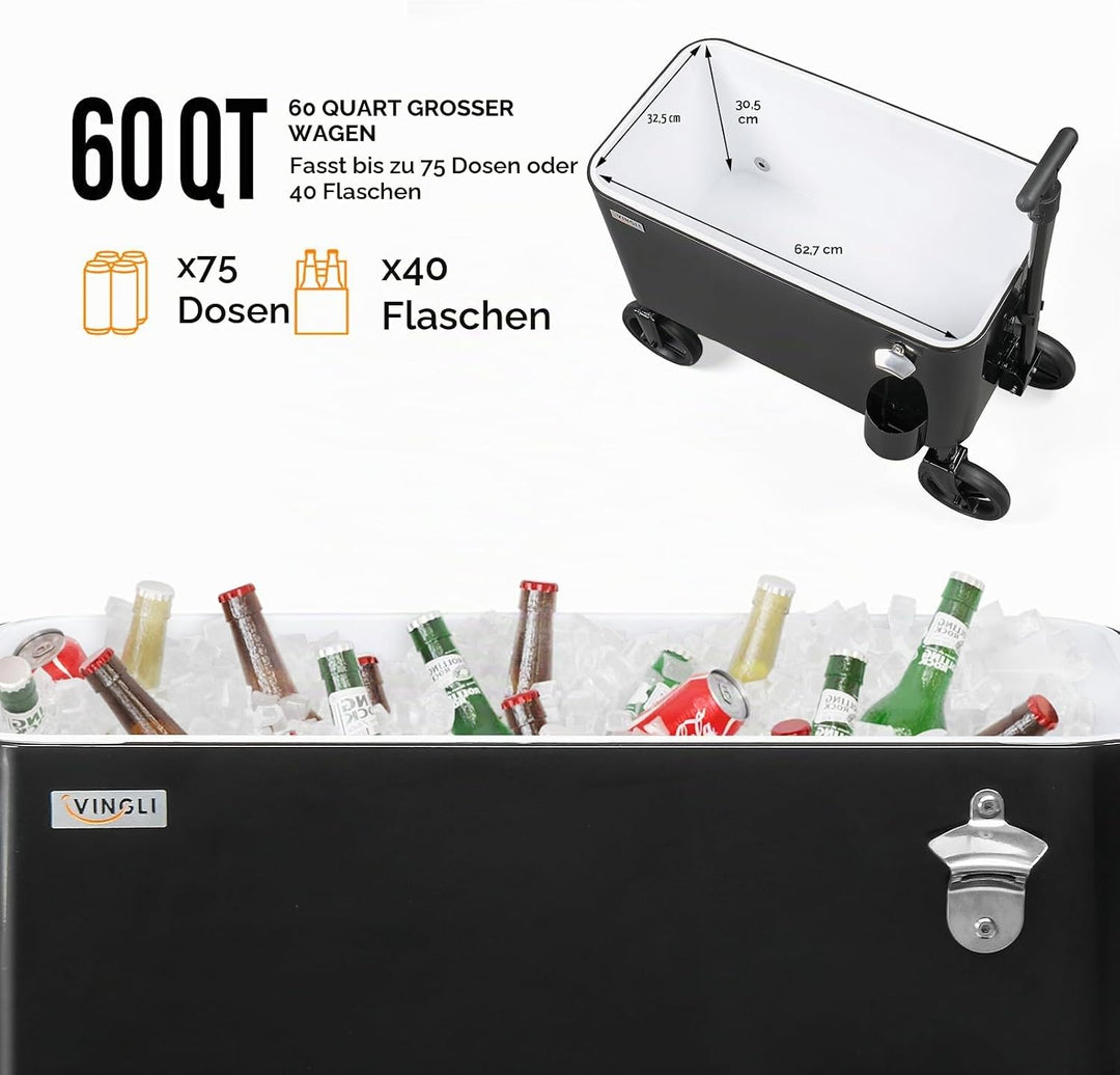Bonnlo 57L Servierwagen mit Rollen, Getränkekühler – Mobiler Outdoor-Kühlwagen mit langem Griff, Abl