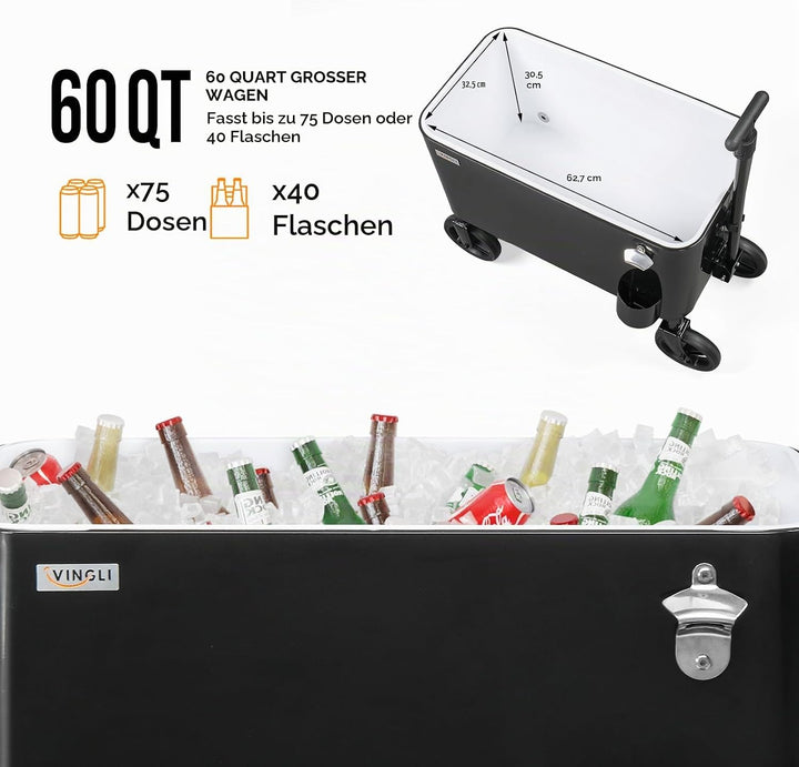 Bonnlo 57L Servierwagen mit Rollen, Getränkekühler – Mobiler Outdoor-Kühlwagen mit langem Griff, Abl