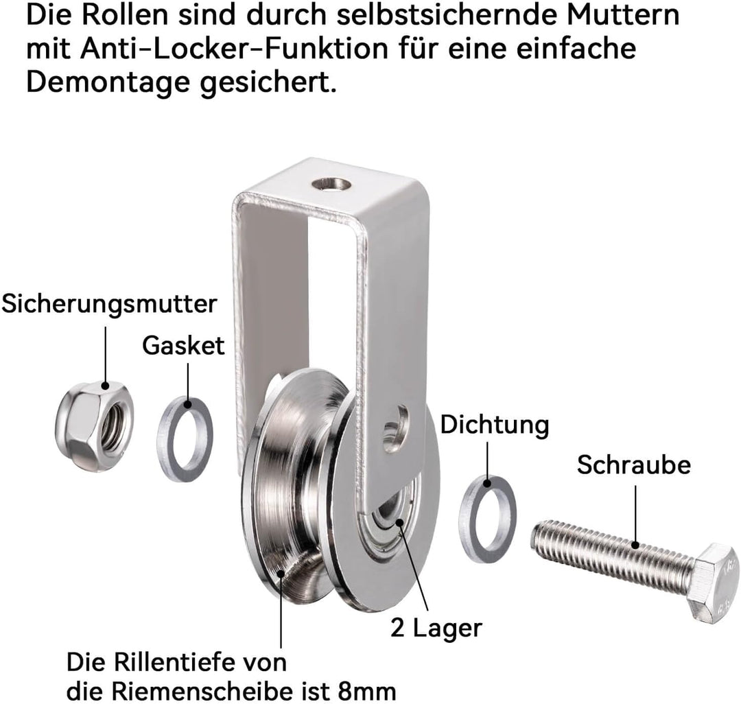 40mm Umlenkrolle mit 2 Kugellager, Edelstahl Fitness flaschenzug，Umlenkrollen für 8mm Seile Stahlsei