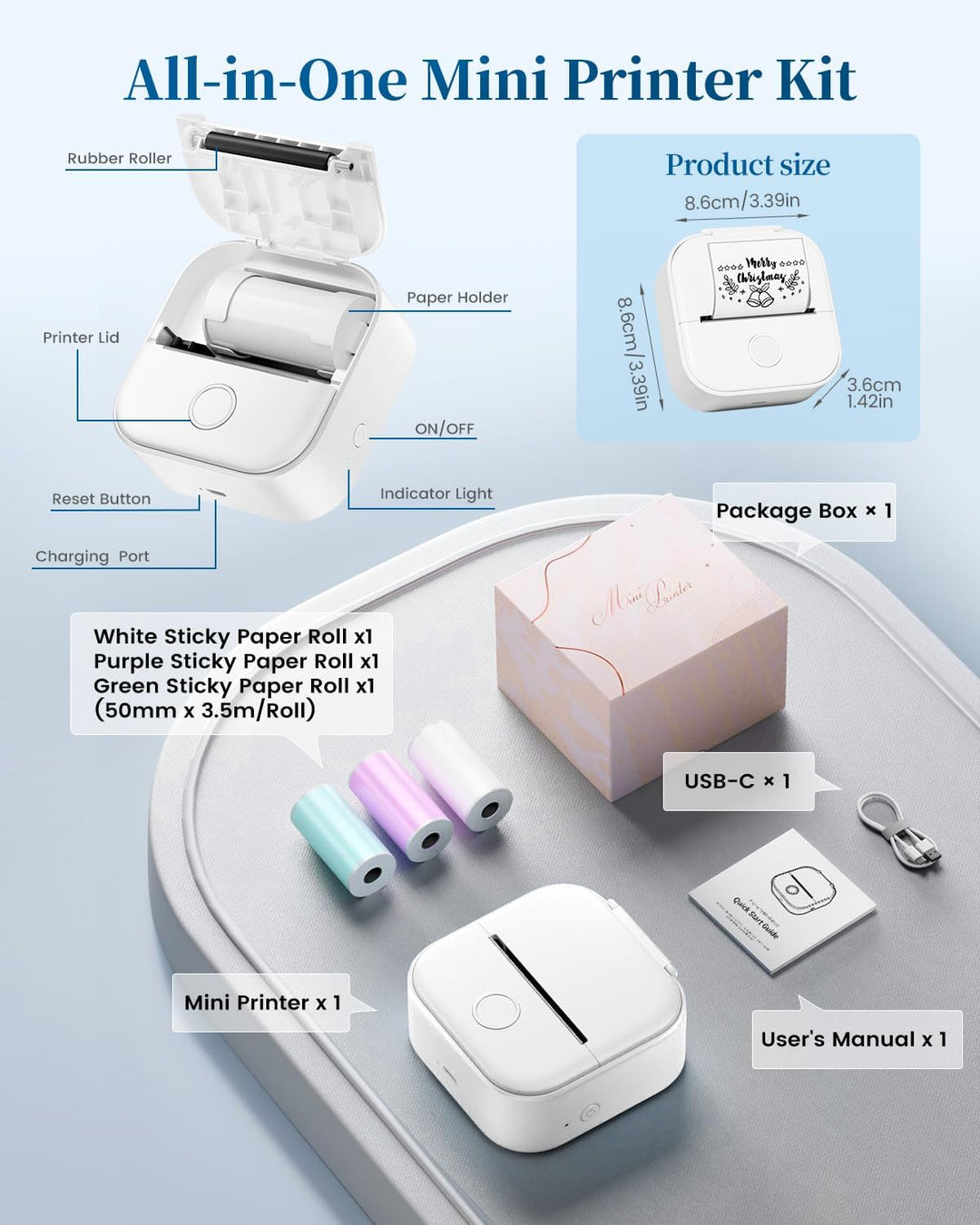 Memoking Tragbarer Mini Aufkleberdrucker – T02 Taschendrucker mit 3 Rollen Papier, Bluetooth-Fotodru