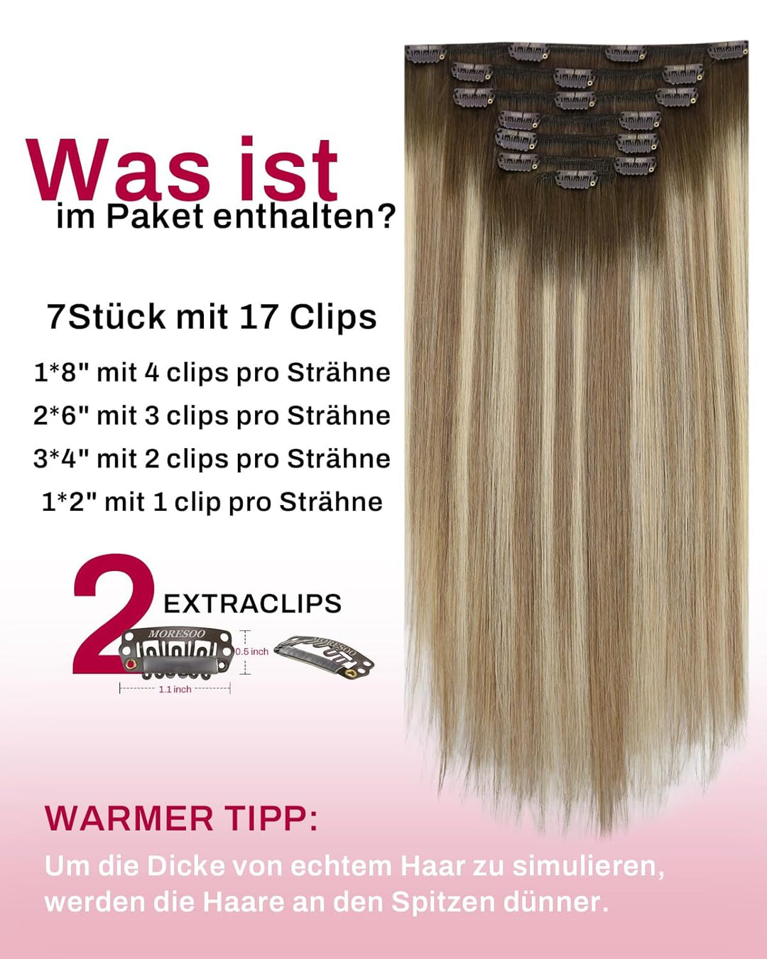Moresoo Echthaar Extensions Clip Braun Clip in Extensions Echthaar Remy Ombre Haarverlängerung Echth
